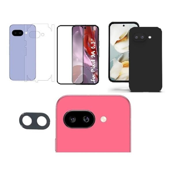 4 in 1 Combo Pack for Google Pixel 9A – Black (Back Cover + Camera Lens Protector + Tempered Glass + Unbreakable Film)