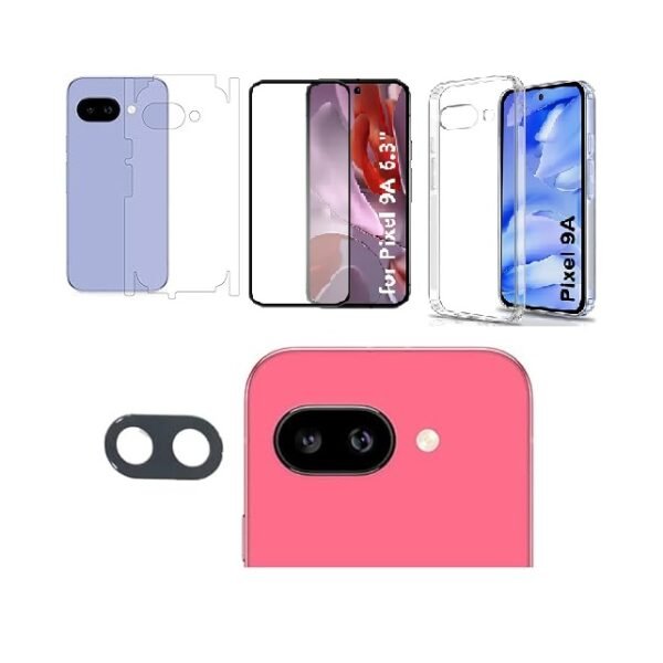 4 in 1 Combo Pack for Google Pixel 9A – Transparent (Back Cover + Camera Lens Protector + Tempered Glass + Unbreakable Film)