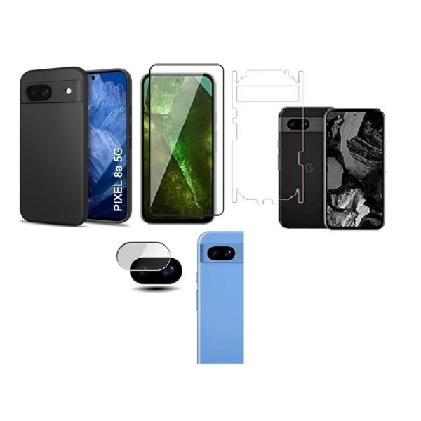 4 in 1 Combo Pack for Google Pixel 8A – Black (Back Cover + Camera Lens Protector + Tempered Glass + Unbreakable Film)