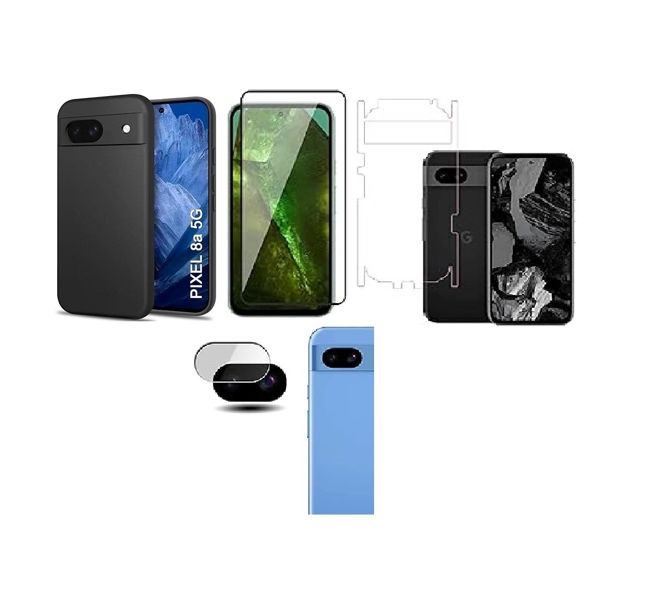 4 in 1 Combo Pack for Google Pixel 8A – Black (Back Cover + Camera Lens Protector + Tempered Glass + Unbreakable Film) 4 in 1 Combo Pack for Google Pixel 8A – Black (Back Cover + Camera Lens Protector + Tempered Glass + Unbreakable Film)