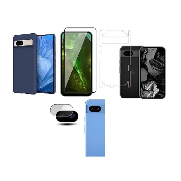4 in 1 Combo Pack for Google Pixel 8A – Blue (Back Cover + Camera Lens Protector + Tempered Glass + Unbreakable Film)