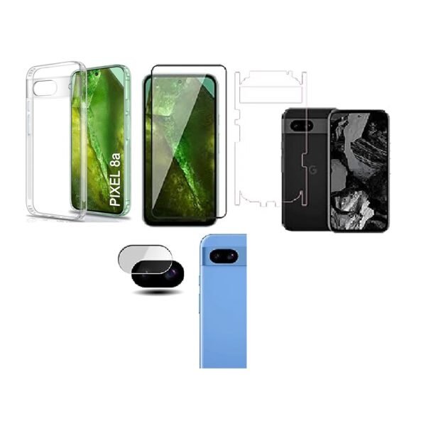 4 in 1 Combo Pack for Google Pixel 8A – Transparent (Back Cover + Camera Lens Protector + Tempered Glass + Unbreakable Film)