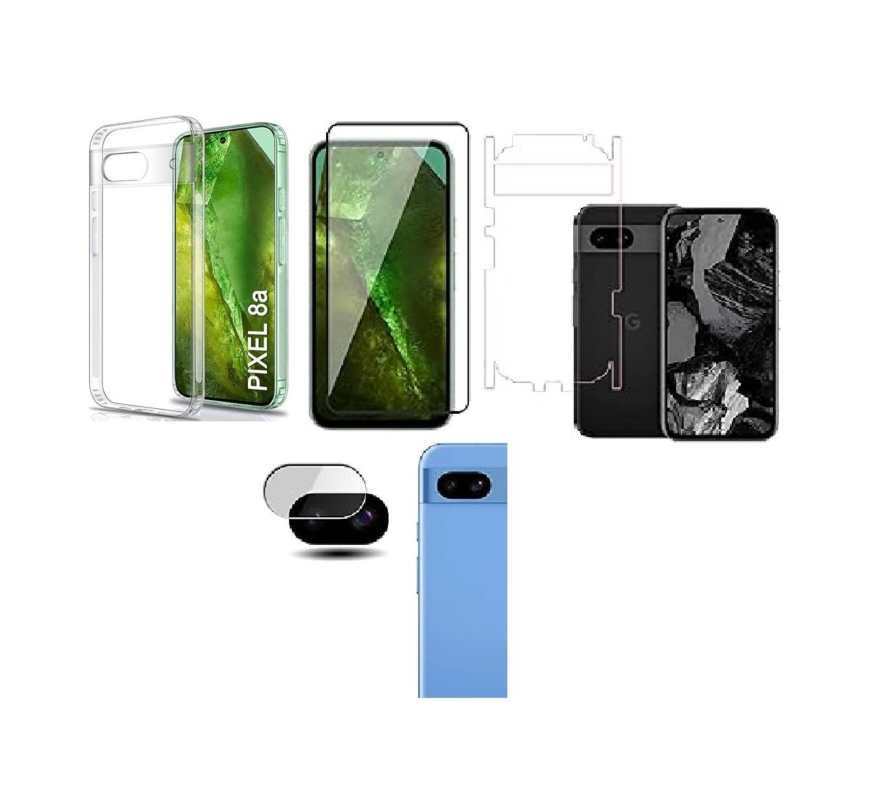 4 in 1 Combo Pack for Google Pixel 8A – Transparent (Back Cover + Camera Lens Protector + Tempered Glass + Unbreakable Film) 4 in 1 Combo Pack for Google Pixel 8A – Transparent (Back Cover + Camera Lens Protector + Tempered Glass + Unbreakable Film)