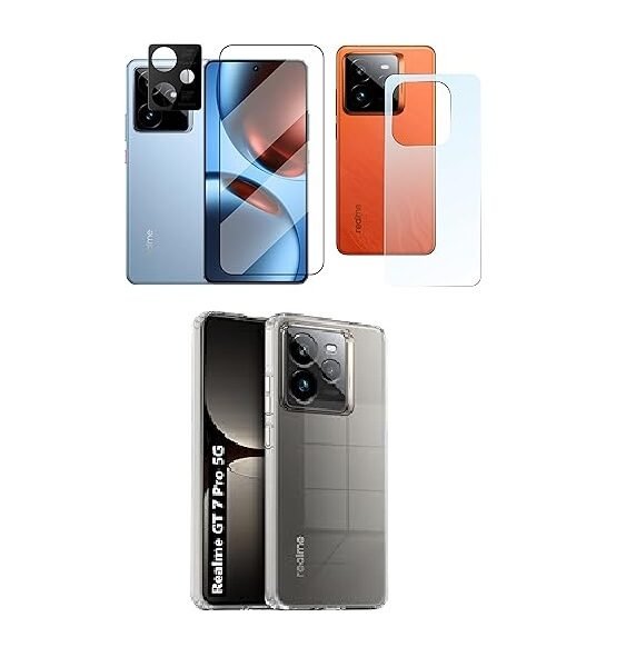 4 in 1 Combo Pack for Realme GT 7 Pro 5G –Transparent (Back Cover + Camera Lens Protector + Tempered Glass + Unbreakable Membrane)