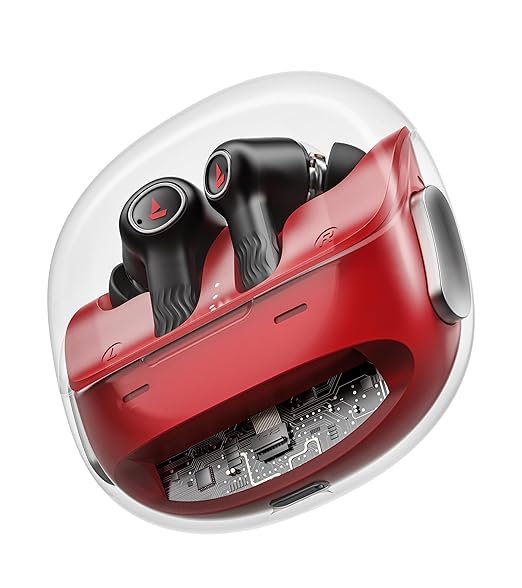 boAt Nirvana Crystl (2025 Launch), Transparent Case,Spatial Audio, ANC(~32dB), 100Hrs Battery,4Mics ENx,App Support, Bluetooth Earbuds, TWS Ear Buds Wireless Earphones with mic (Red)