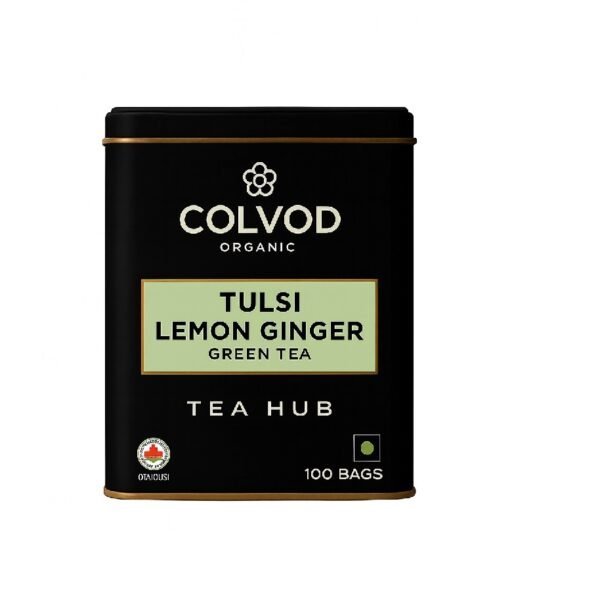 Colvod Organic India Tulsi Green Tea Lemon Ginger - 100 Tea bags, Herbal Blend with Green-Tea, Tulsi, Lemon & Ginger, Supports Digestion, Refreshing Taste, Natural Ingredients