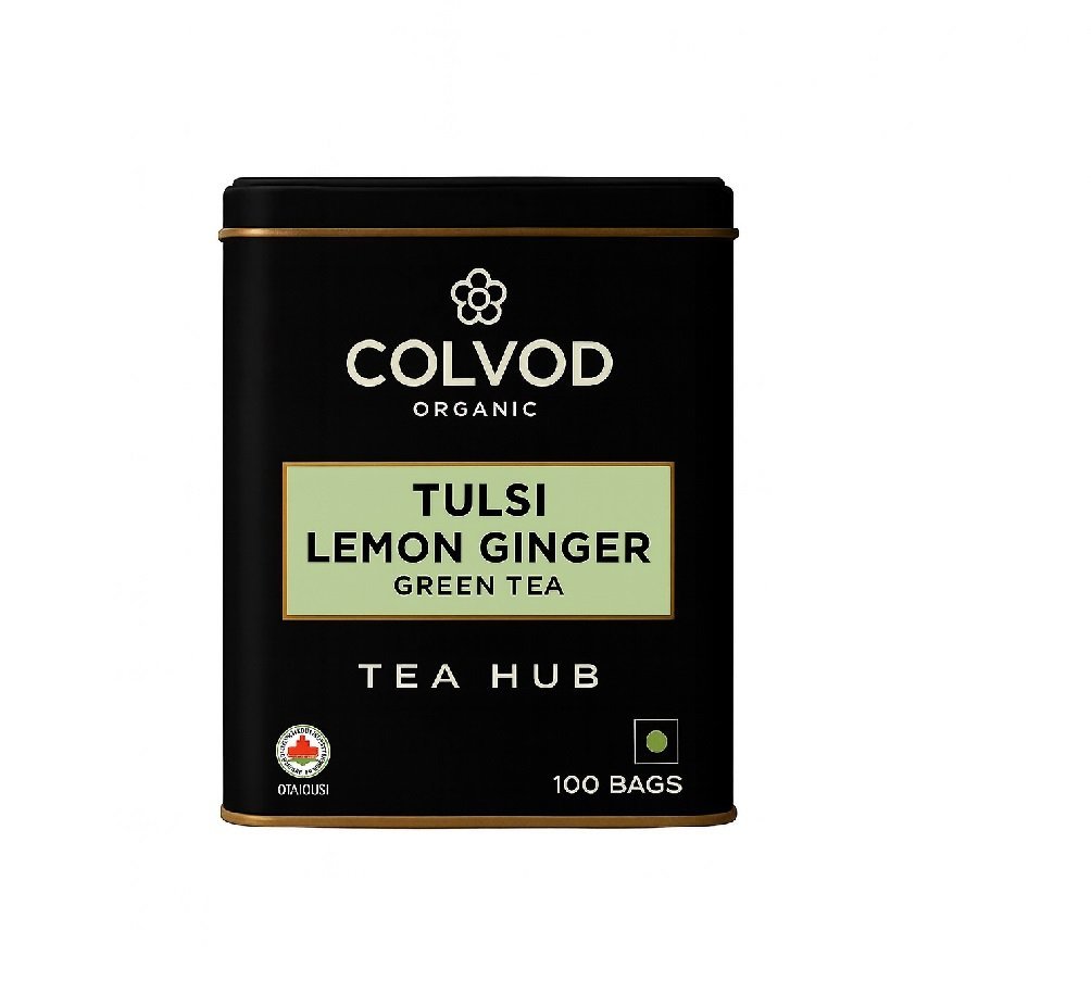 Colvod Organic India Tulsi Green Tea Lemon Ginger - 100 Tea bags, Herbal Blend with Green-Tea, Tulsi, Lemon & Ginger, Supports Digestion, Refreshing Taste, Natural Ingredients
