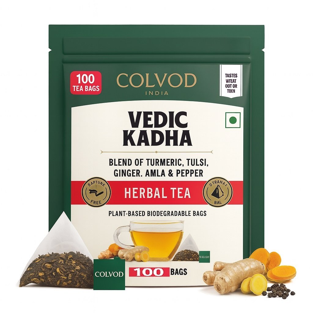 Colvod Vedic Kadha Herbal Tea Bags - 100 Pyramid Tea Bags| Caffeine Free, Pure Herbal Tisane - Earthy & Savory | Whole Loose-Leaf Teabags | Resealable Ziplock Pouch Colvod Vedic Kadha Herbal Tea Bags - 100 Pyramid Tea Bags| Caffeine Free, Pure Herbal Tisane - Earthy & Savory | Whole Loose-Leaf Teabags | Resealable Ziplock Pouch