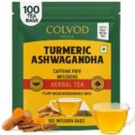 Colvod Turmeric Ashwagandha Herbal Tea Bags (100 Bags) | Caffeine Free | Pure Herbal Blend - Turmeric, Ashwagandha, Lemongrass, Black Pepper & Licorice | Resealable Ziplock Pouch