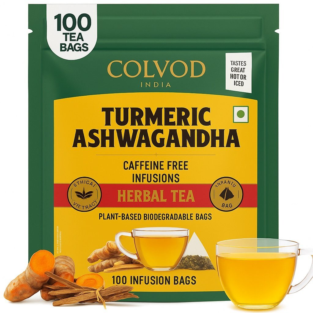 Colvod Turmeric Ashwagandha Herbal Tea Bags (100 Bags) | Caffeine Free | Pure Herbal Blend - Turmeric, Ashwagandha, Lemongrass, Black Pepper & Licorice | Resealable Ziplock Pouch Colvod Turmeric Ashwagandha Herbal Tea Bags (100 Bags) | Caffeine Free | Pure Herbal Blend - Turmeric, Ashwagandha, Lemongrass, Black Pepper & Licorice | Resealable Ziplock Pouch