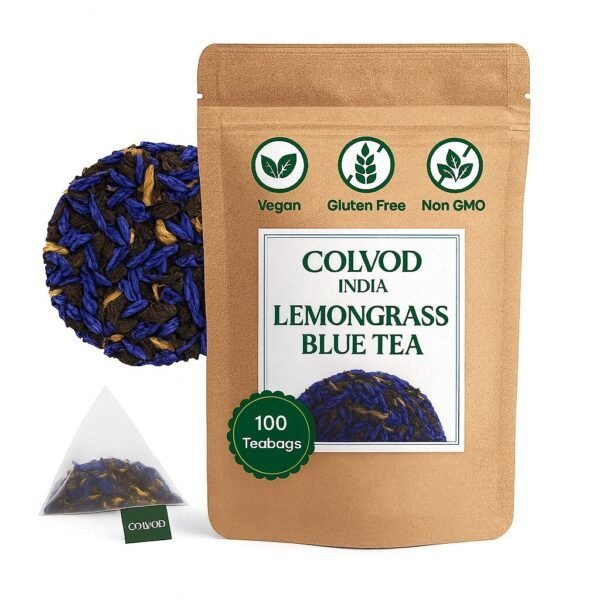 COLVOD LEMONGRASS  BLUE TEA - Butterfly Pea Flower Lemongrass Tea - 250gm - 500GM -50Bags - 100Bags | GOOD FOR HAIR & SKIN | Caffeine Free - Flower Based - Herbal Tea - Non GMO | Featured In Shark Tank | Reusable Pet Jar