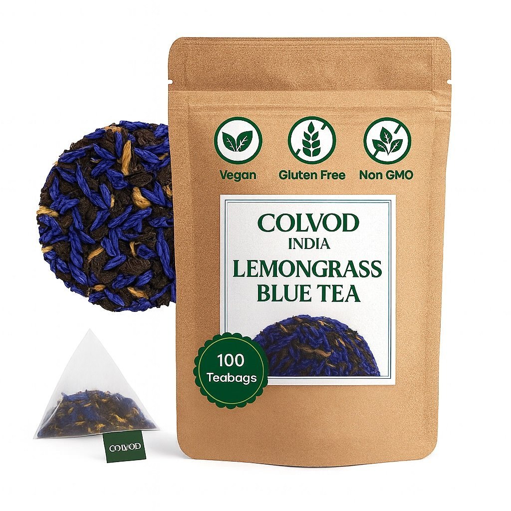 COLVOD LEMONGRASS  BLUE TEA - Butterfly Pea Flower Lemongrass Tea - 250gm - 500GM -50Bags - 100Bags | GOOD FOR HAIR & SKIN | Caffeine Free - Flower Based - Herbal Tea - Non GMO | Featured In Shark Tank | Reusable Pet Jar