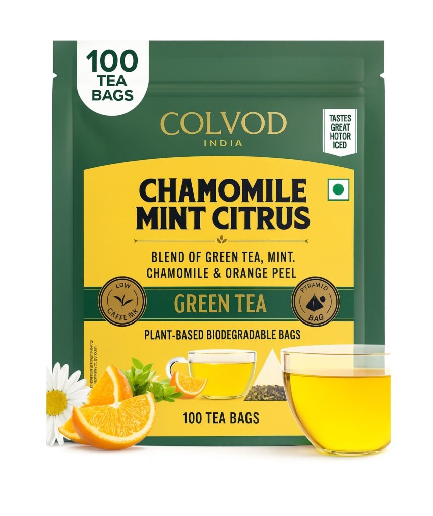 Colvod Chamomile Mint Citrus Green Tea Bags (100 Bags) | Sweet & Floral |Low Caffeine, Non-GMO, Gluten Free | Resealable Ziplock Pouch | Chamomile, Mint Tea Bags