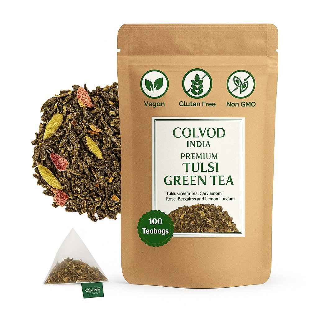 colvod, Tulsi Moringa Green Tea  (50bag,100bag,250gm,500gm) Low Caffeine, Non GMO & Gluten Free | Naturally High Grown Green Tea | Individually Wrapped Pyramid Tea Bags | Direct from Source