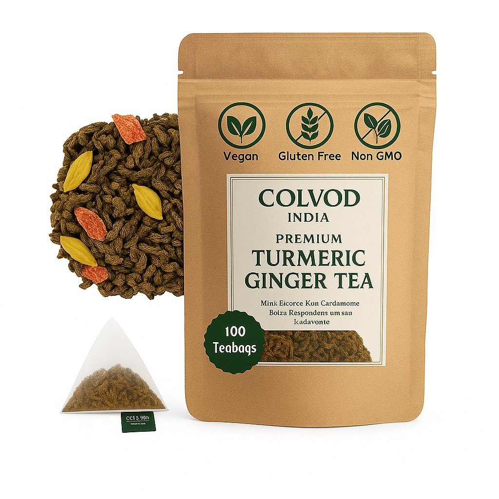Colvod-Turmeric Ginger Tea (50Bag,100Bag,250gm,500gm) Caffeine Free, Non GMO, Gluten Free | Pure Turmeric Tea with Ginger - Savory & Spicy | Plant based Pyramid Teabags | Direct from Source