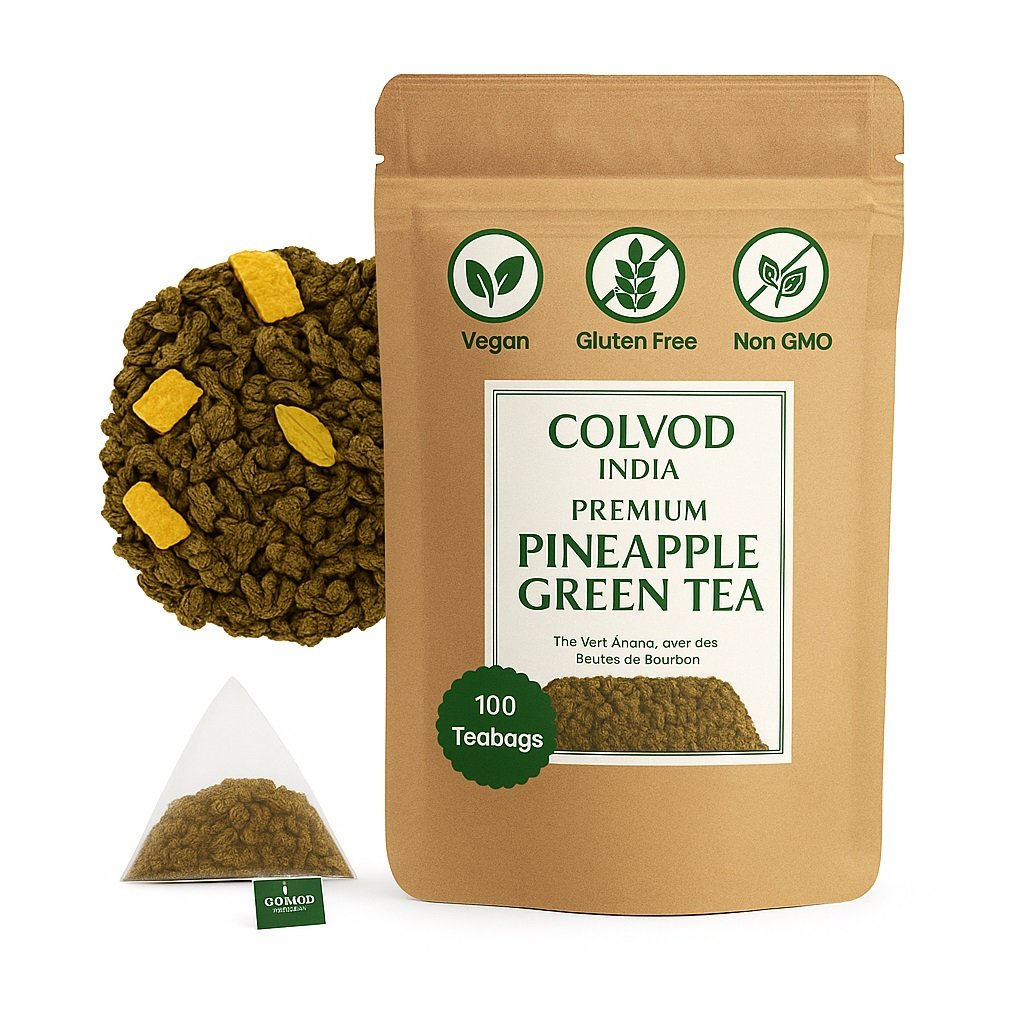 Colvod Pineapple Green Tea (50Bags,100Bags,250gm,500gm) - Helps With Maintain Hydration, Antioxidant & Skin health | 100% Pure Green Tea Leaves With Added Pineapple Benefits