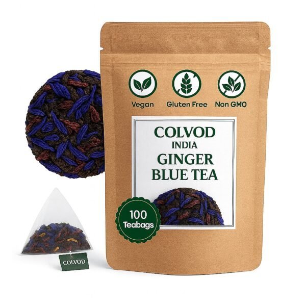 COLVOD- GINGER BLUE TEA - Butterfly Pea Flower Ginger Tea - 50 Tea Bags -100 Tea Bags - 250gm- 500gm | Aparajita - Shankhpushpi | Flower Based - Herbal Tea - Caffeine Free - Detox Tea - Non Bitter - Non-GMO | Premium Zipper Pack