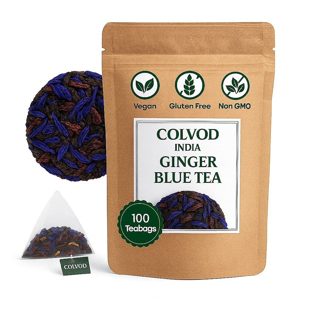 COLVOD- GINGER BLUE TEA - Butterfly Pea Flower Ginger Tea - 50 Tea Bags -100 Tea Bags - 250gm- 500gm | Aparajita - Shankhpushpi | Flower Based - Herbal Tea - Caffeine Free - Detox Tea - Non Bitter - Non-GMO | Premium Zipper Pack