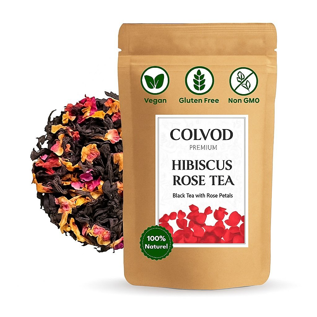 COLVOD-Hibiscus Flowers Rose Herbal Tea Bags 50bags-100bags-250gm-500gm,Caffeine Free, Non-GMO, Floral Flavor Tisane - Hibiscus Rose Petals & Exotic Spices | Resealable Ziplock Pouch