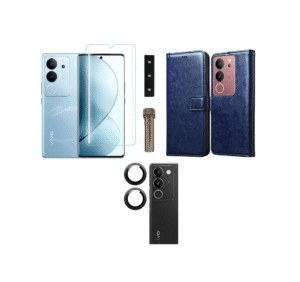 Vivo V29 Pro 5G Combo Set | Leather Flip Back Cover with Magnetic Wallet ) + Tempered Glass + Camera Lens Glass (Blue)