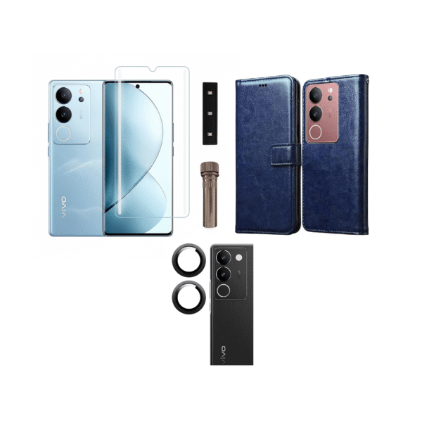 Vivo V29 Pro 5G Combo Set | Leather Flip Back Cover with Magnetic Wallet ) + Tempered Glass + Camera Lens Glass (Blue)