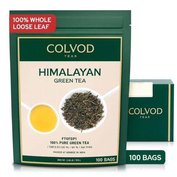Colvod Himalayan Green Tea Leaves - 100 Bags  | Non GMO, Gluten Free |Natural, High Elevation Grown Tea Leaves From Himalayas | Pure Green Tea | Vacuum Sealed for Freshness