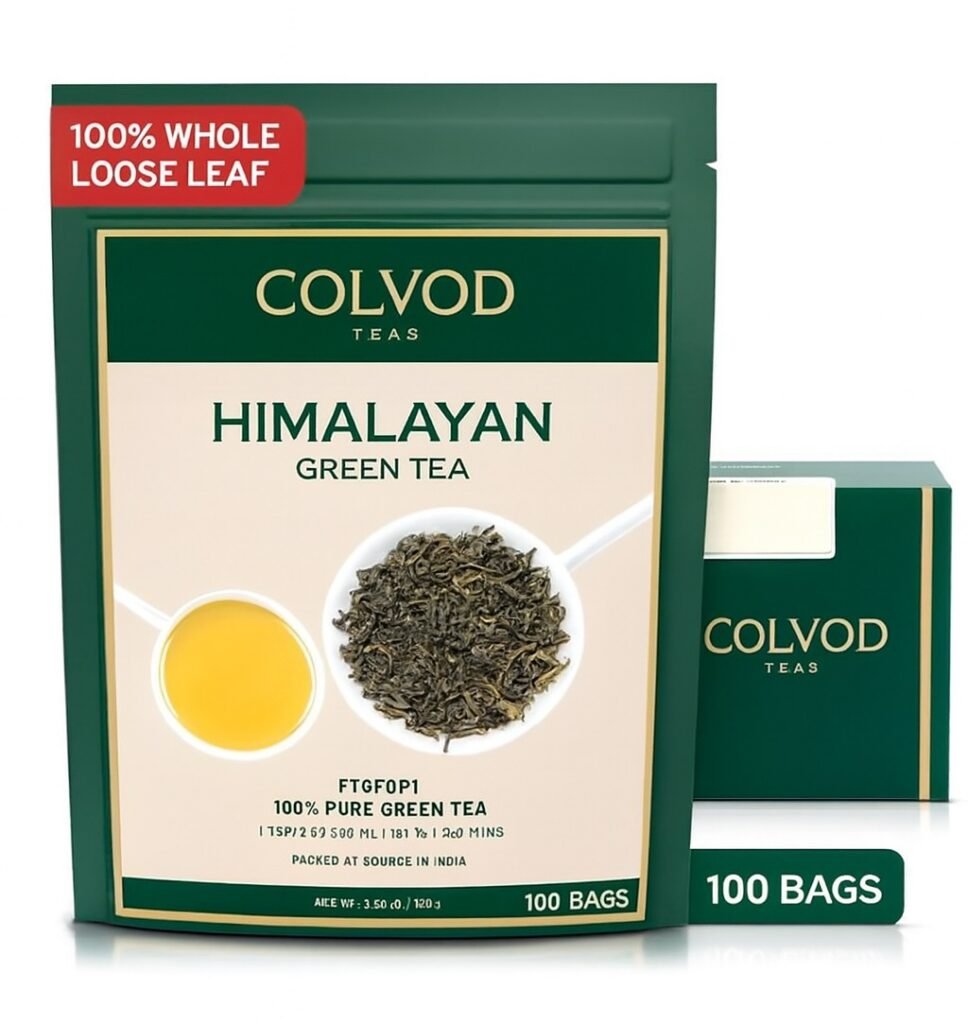 Colvod Himalayan Green Tea Leaves - 100 Bags  | Non GMO, Gluten Free |Natural, High Elevation Grown Tea Leaves From Himalayas | Pure Green Tea | Vacuum Sealed for Freshness