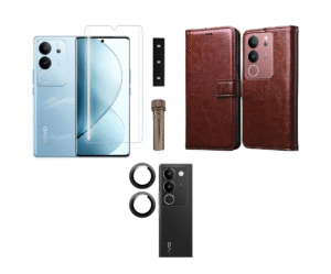 Vivo V29 Pro 5G Combo Set | Leather Flip Back Cover with Magnetic Wallet ) + Tempered Glass + Camera Lens Glass (Brown)