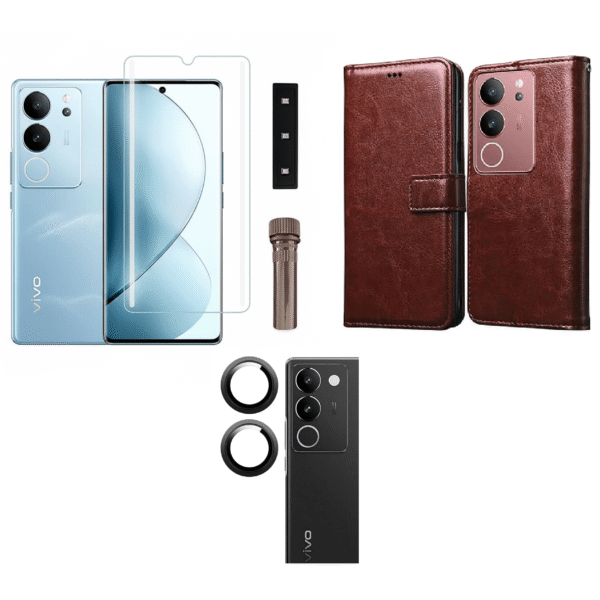 Vivo V29 Pro 5G Combo Set | Leather Flip Back Cover with Magnetic Wallet ) + Tempered Glass + Camera Lens Glass (Brown)