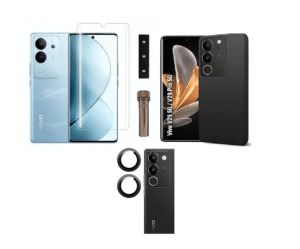 3 in 1 Combo Pack for Vivo V29 Pro 5G – Silicone Black Cover (Back Cover + Camera Lens Protector + Tempered Glass)