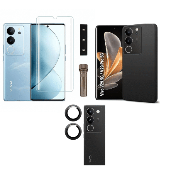 3 in 1 Combo Pack for Vivo V29 Pro 5G – Silicone Black Cover (Back Cover + Camera Lens Protector + Tempered Glass)