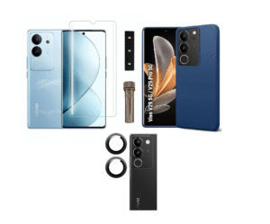 3 in 1 Combo Pack for Vivo V29 Pro 5G – Silicone Blue Cover (Back Cover + Camera Lens Protector + Tempered Glass)