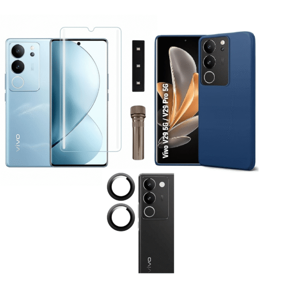 3 in 1 Combo Pack for Vivo V29 Pro 5G – Silicone Blue Cover (Back Cover + Camera Lens Protector + Tempered Glass)