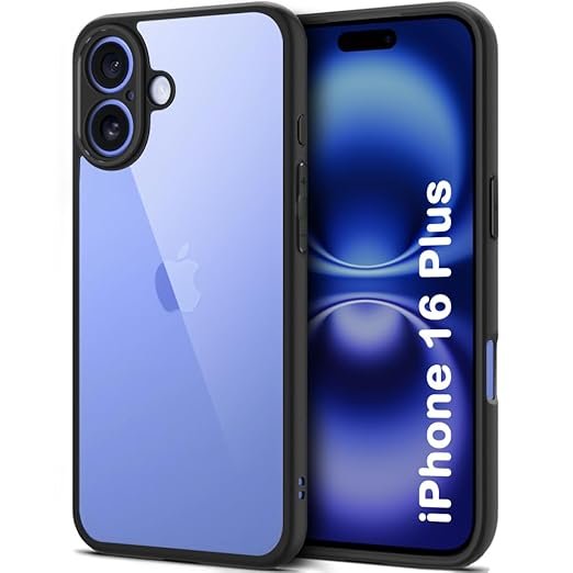 iPhone 16 Plus | 360° Protection | Crystal Clear Hard Back Cover (PC & TPU, Transparent Clear Back, Black Sides)