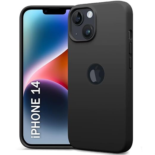 Silicone Back Cover Case for iPhone 14 | Soft Micro-Fibre Lining Inside | Camera Protection Bump | Shockproof Back Cover (Silicone, Black)- Logo