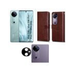 Vivo V40 Pro 5G / V40 5G Flip Cover (Brown) + Tempered Glass + Camera Lens Protector | 3-in-1 Wallet & Full Protection Combo