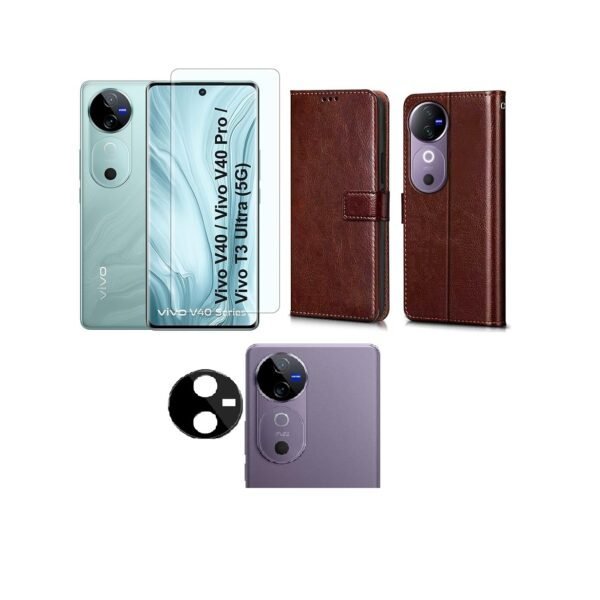 Vivo V40 Pro 5G / V40 5G Flip Cover (Brown) + Tempered Glass + Camera Lens Protector | 3-in-1 Wallet & Full Protection Combo