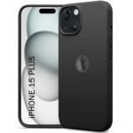 Silicone Back Cover Case for iPhone 15 Plus | Soft Micro-Fibre Lining Inside | Camera Protection Bump | Shockproof Back Cover (Silicone, Black)- Logo