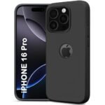 iPhone 16 Pro | Soft Micro-Fibre Lining Inside | Camera Protection Bump | Shockproof Back Cover (Silicone, Logo Hole, Black)