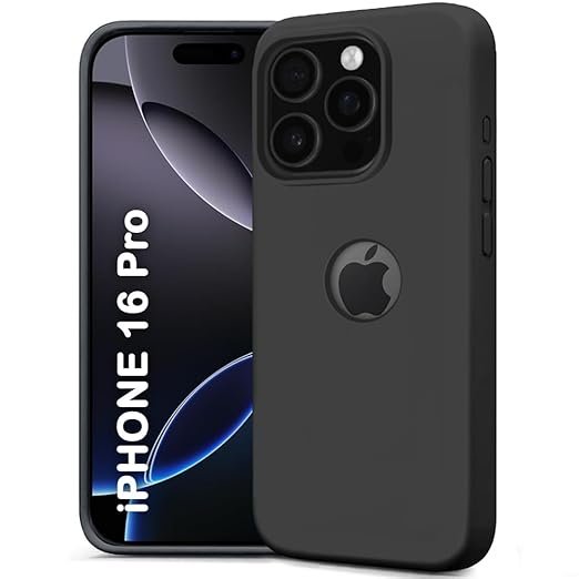 iPhone 16 Pro | Soft Micro-Fibre Lining Inside | Camera Protection Bump | Shockproof Back Cover (Silicone, Logo Hole, Black)