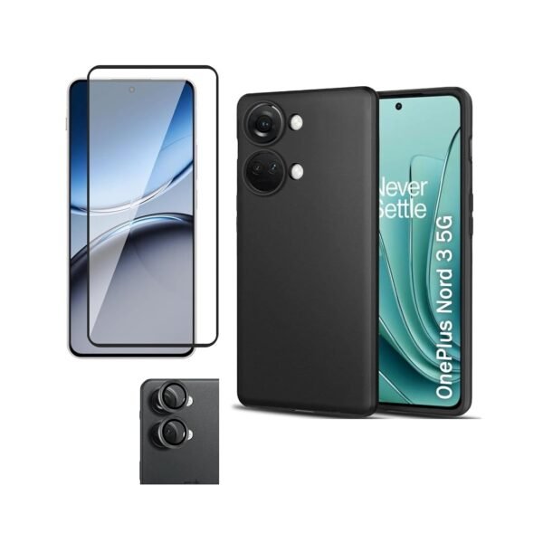 Combo pack for Back Cover Case Compatible for OnePlus Nord 3 5G | Silicone Black | Camera Lens Protector & Tempered Screen Glass.