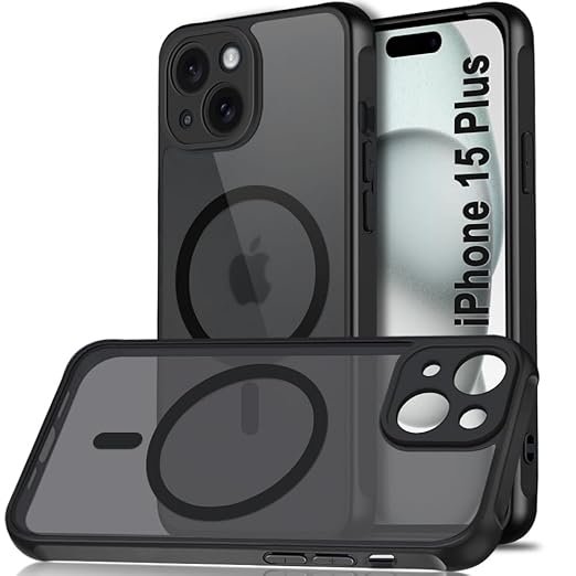 Ultra-Hybrid Shockproof Back Cover Case for iPhone 15 Plus (PC & TPU, MagSafe Compatible, Translucent Smoke Matte Back, Black Sides)