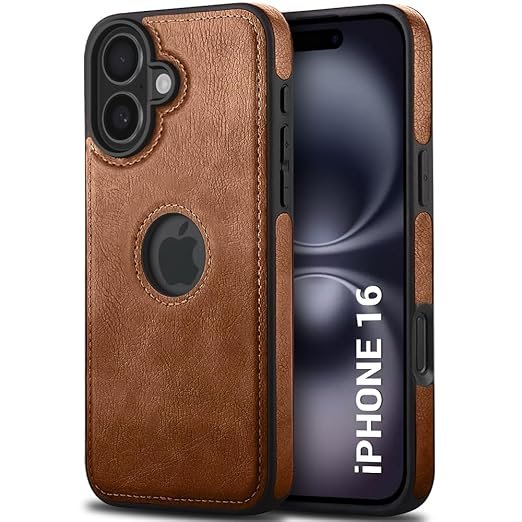 Leather Finish Back Cover Case for iPhone 16 | Shockproof Design | Raised Edges for Camera & Screen Protection (Brown)