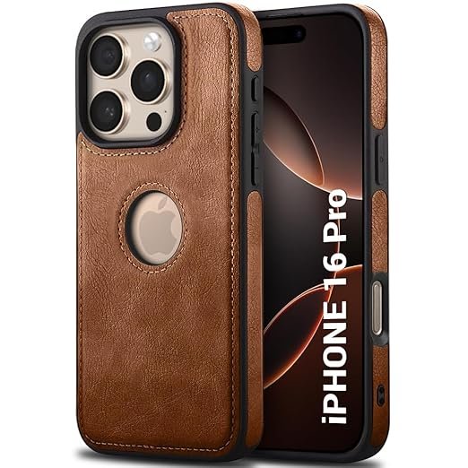 Leather Finish Back Cover Case for iPhone 16 Pro | ShockProof Design | Raised Edges for Camera & Screen Protection (Brown)- Logo