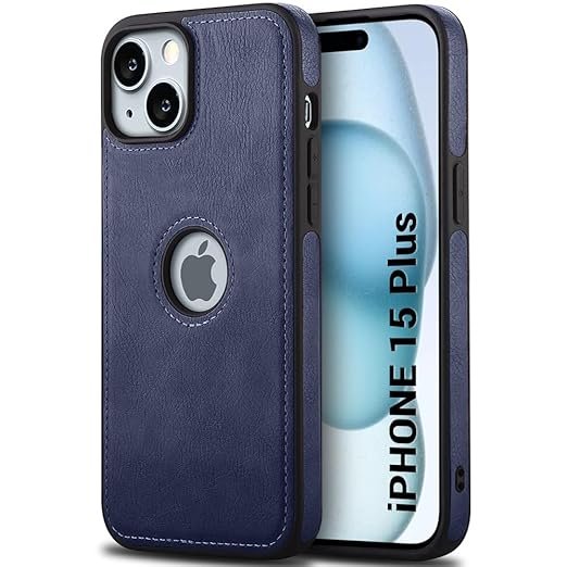 Leather Finish iPhone 15 Plus Back Cover Case | Shockproof Design | Raised Edges for Camera & Screen Protection | Stunning Minimalist Design Back Case (Blue)- Logo