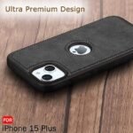 Leather Finish iPhone 15 Plus Back Cover Case | Shockproof Design | Raised Edges for Camera & Screen Protection | Stunning Minimalist Design Back Case (Black)- Logo