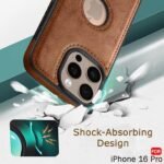 Leather Finish Back Cover Case for iPhone 16 Pro | ShockProof Design | Raised Edges for Camera & Screen Protection (Brown)- Logo