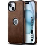 Leather Finish iPhone 15 Plus Back Cover Case | Shockproof Design | Raised Edges for Camera & Screen Protection | Stunning Minimalist Design Back Case (Brown)- Logo