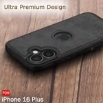 Leather Finish Back Cover Case for iPhone 16 Plus | Shockproof Design | Raised Edges for Camera & Screen Protection (Black)
