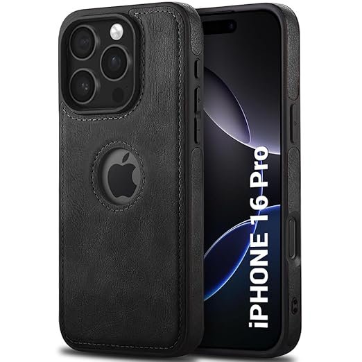 Leather Finish Back Cover Case for iPhone 16 Pro | ShockProof Design | Raised Edges for Camera & Screen Protection (Black)- Logo